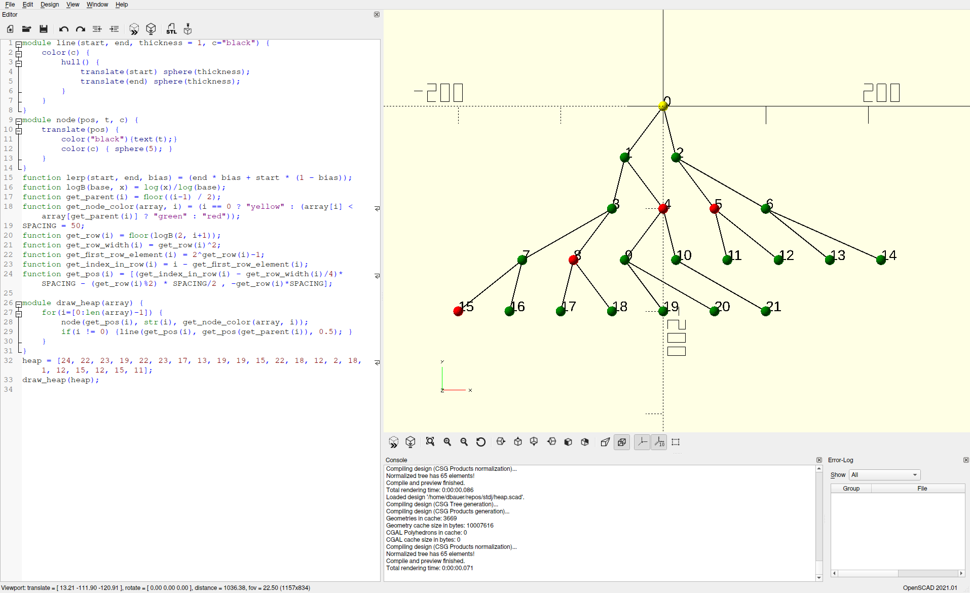 Simple screenshot of my auto-generated OpenSCAD code and it's corresponding render of a max-heap on the right